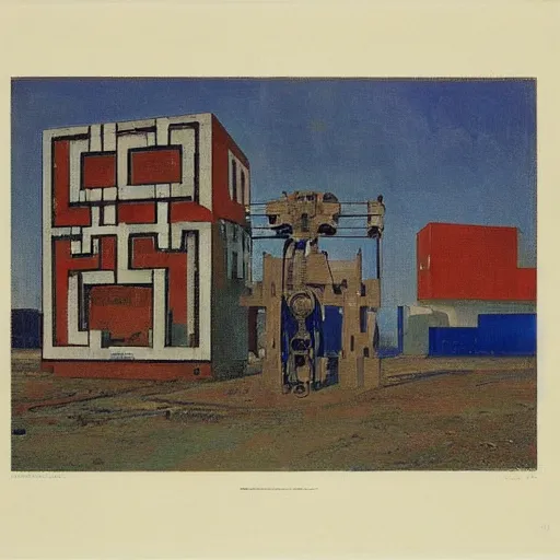 Image similar to A beautiful print of a giant machine with a human being inside of it. de stijl by Isaac Levitan forbidding