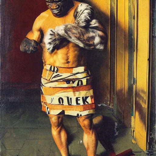 Image similar to shredded physique portrait furry orange striped Mike tyson the champion disguised as a tiger wearing a black vest robert rauschenberg norman rockwell greg rutkowski giorgio de chirico