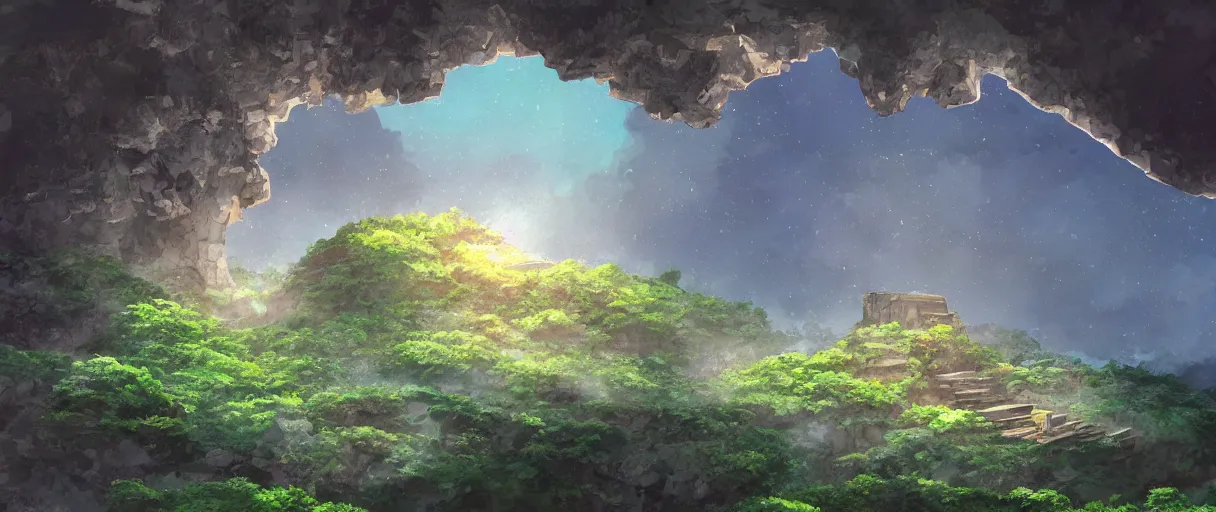 Image similar to a small crumbling island in space with waterfalls, studio ghibli, digital art, detailed, depth of field