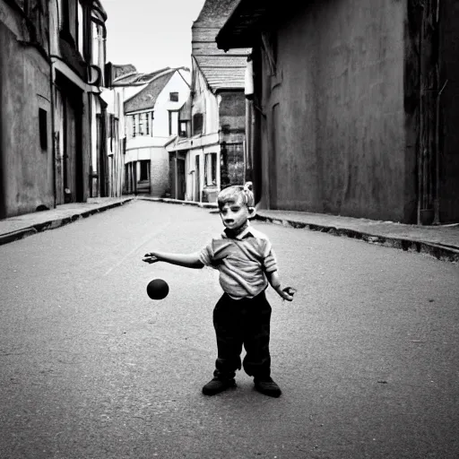 Image similar to a boy playing with a ball in the street vintage style