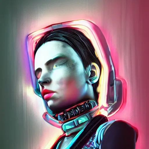 Image similar to detailed realistic cyberpunk female character cyberpunk wearing steel collar around neck, realistic, art, beautiful, 4K, collar, choker, collar around neck, punk, artstation, detailed, female, woman, choker, cyberpunk, neon, punk, collar, choker, collar around neck, thick collar, choker around neck, wearing choker, wearing collar, bright neon punk hair,