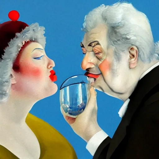 Image similar to a very funny fellini cinematic style. of a sweet fat old woman kissing her reflection. symmetrical face, red mouth, blue eyes. a flowered dress. a hyper - realistic scene. 3 d, octane processing, deep focus, white scene. a very funny and sweet picture. unreal engine. watercolor. freud painting style