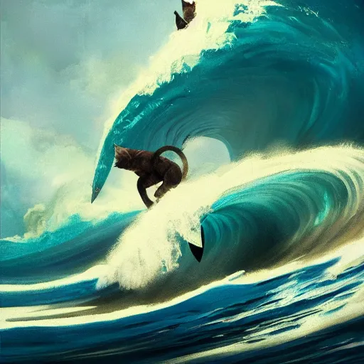 Prompt: A mixed media painting of cat surfing big waves, by Frank Frazetta, Greg Rutkowski, Beeple, kawaii, post-processing, low angle, masterpiece, cinematic, isometric, volumetric lighting