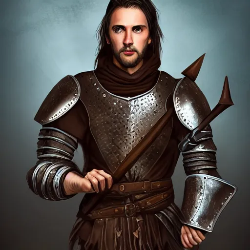 Prompt: realistic portrait, 30 year old man, dark taint :: athletic, fantasy mage, medieval leather armour, brown clothes, wooden staff :: high detail, digital art, RPG, concept art, illustration