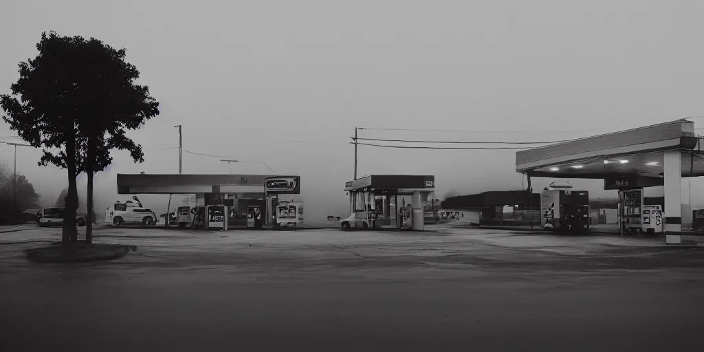 Image similar to “35mm film photography of gas station, fog, cinestill 800t, grain”