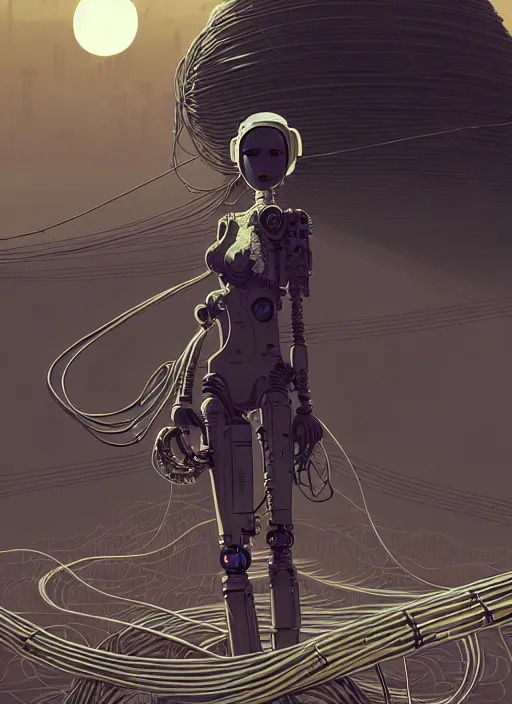 Image similar to highly detailed portrait of a robotic cyborg long curly white hair nomadic tribal lady, stray wiring and tubing by atey ghailan, james gilleard, by joe fenton, by greg rutkowski, by greg tocchini, by kaethe butcher, 4 k resolution, gradient yellow, black and white color scheme!!! ( ( robotic sandstorm robotic pyramid landscape background ) )