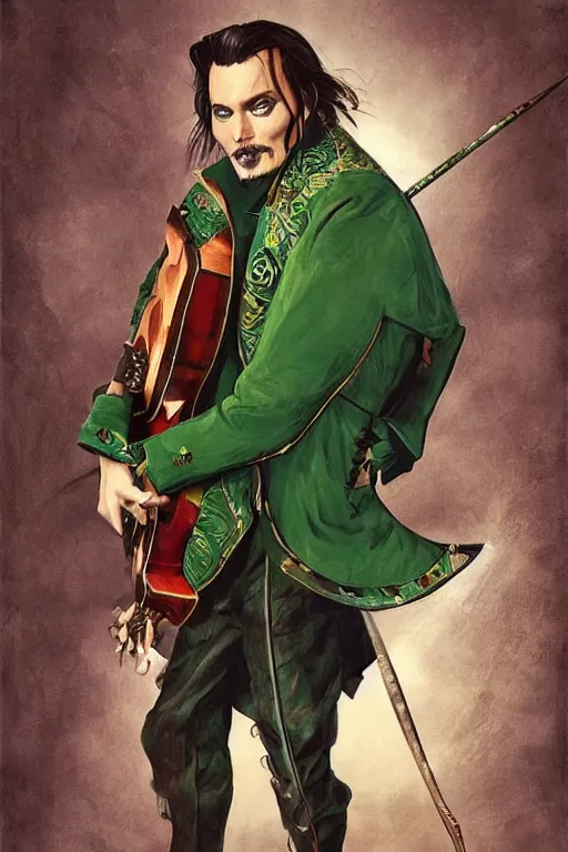 Image similar to Breathtaking comic book style of Johny Depp portrayed as a Dungeons and Dragons bard, playing the lute and wearing a pale green jacket in the style of ilya kuvshinov