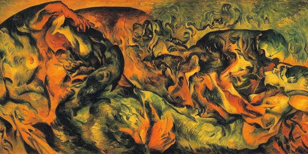 Prompt: the lotus eater at the dying of the light. umberto boccioni, caravaggio, max ernst h 7 6 8