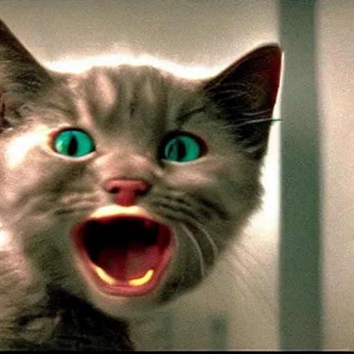 Image similar to shocked scared cat reaction image, movie still