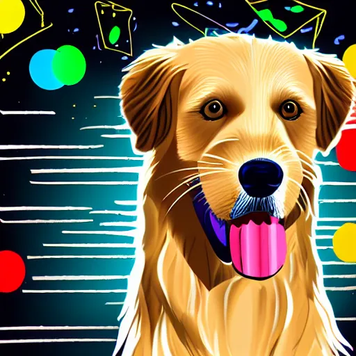 Image similar to a DJ Golden Retriever playing at a nightclub, digital art