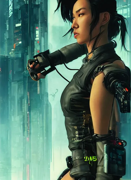 Prompt: nikki tanaka. cyberpunk mercenary in tactical harness and jumpsuit. dystopian. portrait by stonehouse and mœbius and will eisner and gil elvgren and pixar. realistic proportions. cyberpunk 2 0 7 7, apex, blade runner 2 0 4 9 concept art. cel shading. attractive face. thick lines. moody industrial landscape.