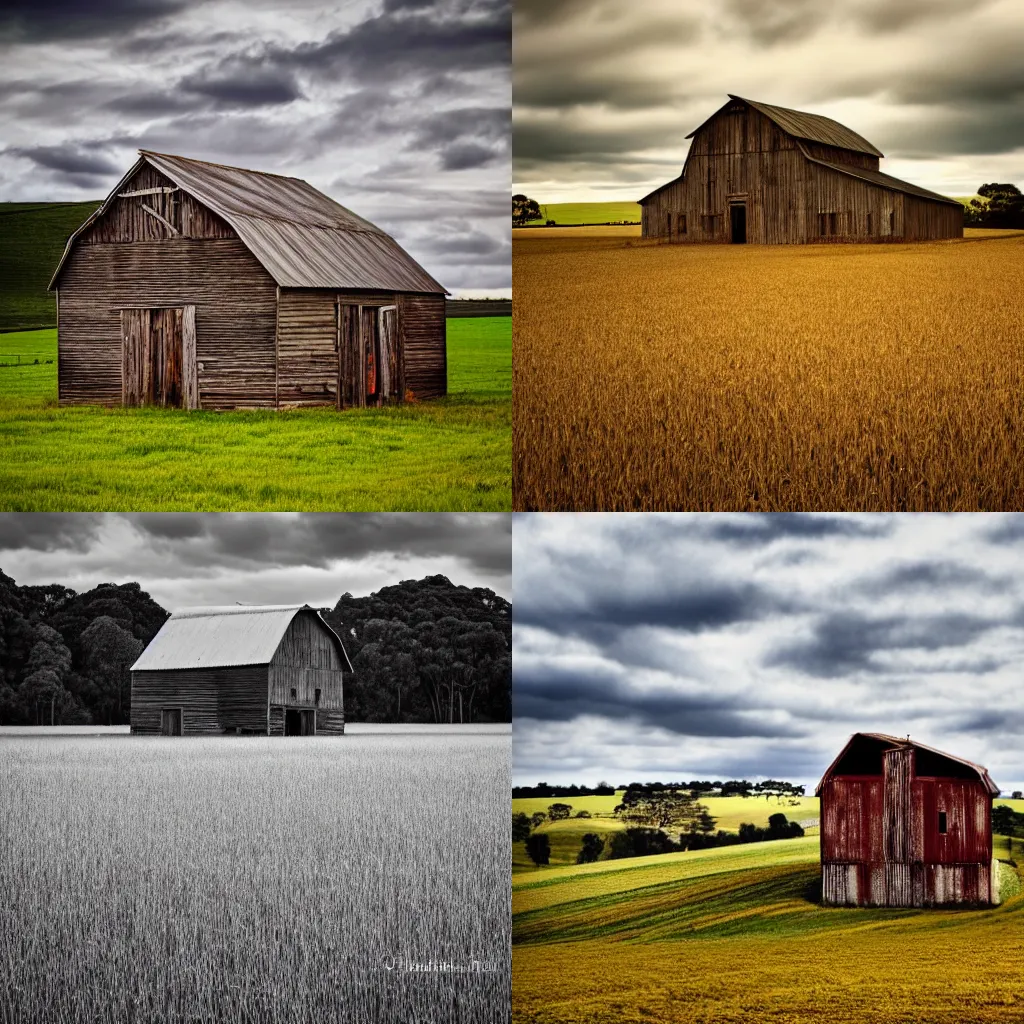 Prompt: an old wooden barn sits in a field, a stock photo by robert freebairn, featured on shutterstock, australian tonalism, high dynamic range, photo taken with nikon d 7 5 0, photo taken with provia