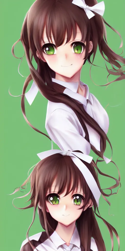 Prompt: beautiful anime high school girl, full body, brown hair, ponytail, white ribbon, green eyes, full perfect face, slightly smiling, detailed background, drawn by Artgerm, Sasoura, Satchely, no distorsion