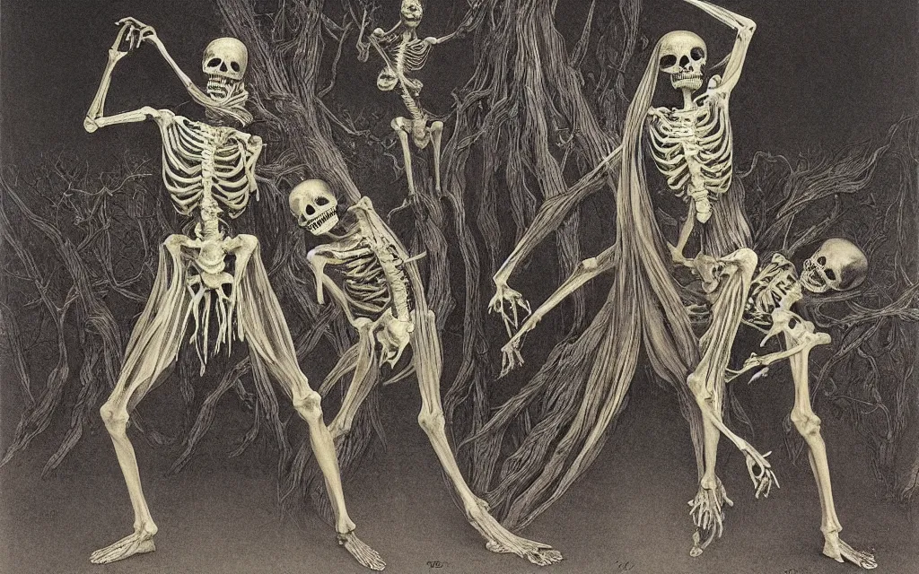 Prompt: eartern european springtime skeleton dancing danse macabre by zdzisław beksinski and gustave dore and alphonse mucha.