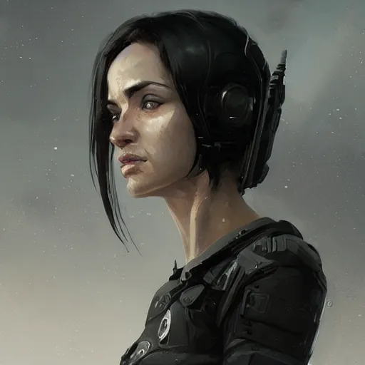 Image similar to portrait of a woman by greg rutkowski, she is about 3 0 years old, messy black bob hair, pale round face, tired eyes, she is wearing futuristic black colored tactical gear, highly detailed portrait, digital painting, artstation, concept art, smooth, sharp foccus ilustration, artstation hq