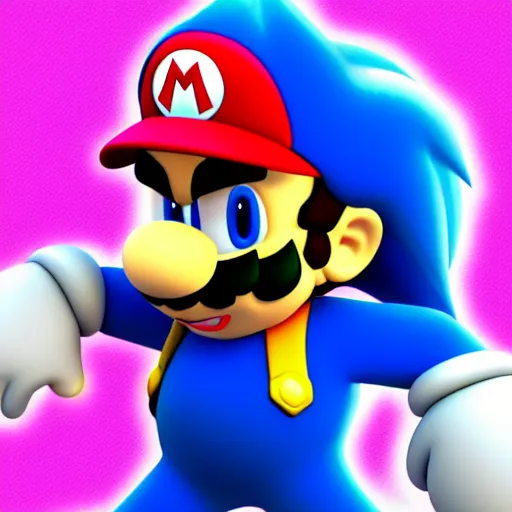 Prompt: a 3 d render of mario wearing a sonic suit on a pink background, blue spiky hair