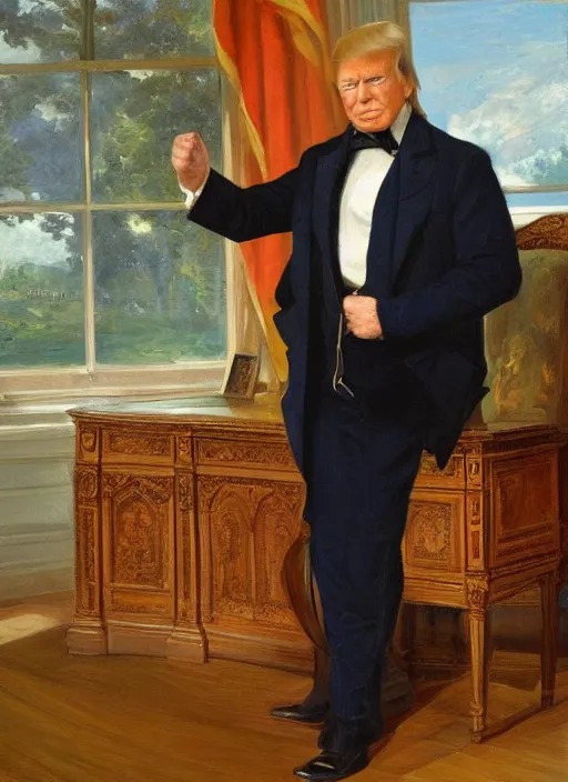 Image similar to portrait of the united states president, 1 8 6 7, donald trump. standing in the oval office. oil on canvas by william sidney mount, trending on artstation