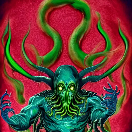 Image similar to 4 k colored headshot of godlike cthulhu with defined arms and open hands and bloody clothes with giant mandala wings, intricate face, flawless anime cel animation by kentaro miura, psychedelic, highly detailed upper body, professionally post - processed, beautiful, scary, symmetry accurate features, epic, octane rendered, anime masterpiece, accurate