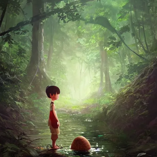 Image similar to a tiny mushroom person with a mushroom for a head walking by a stream in a lush forest. cgsociety masterpiece, artstation trending, by rossdraws, ghibli, Kimi no Na wa, greg rutkowski