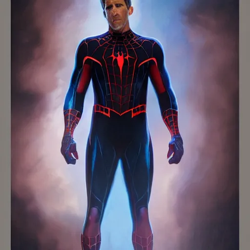 Image similar to ryan reynolds as a black and blue suit spider - man, cinematic, volumetric lighting, f 8 aperture, cinematic eastman 5 3 8 4 film, photorealistic by greg rutkowski, by stanley artgerm, by alphonse mucha