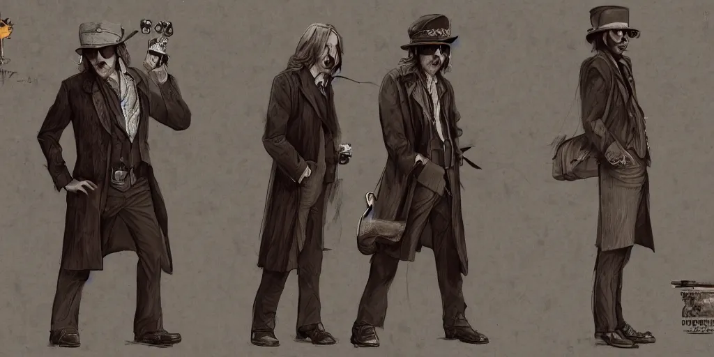 Image similar to tom petty as a 2 0 s roving gambler, character sheet, concept art, contrast, kim jung gi, greg rutkowski, zabrocki, karlkka, jayison devadas, trending on artstation, 8 k, ultra wide angle, pincushion lens effect