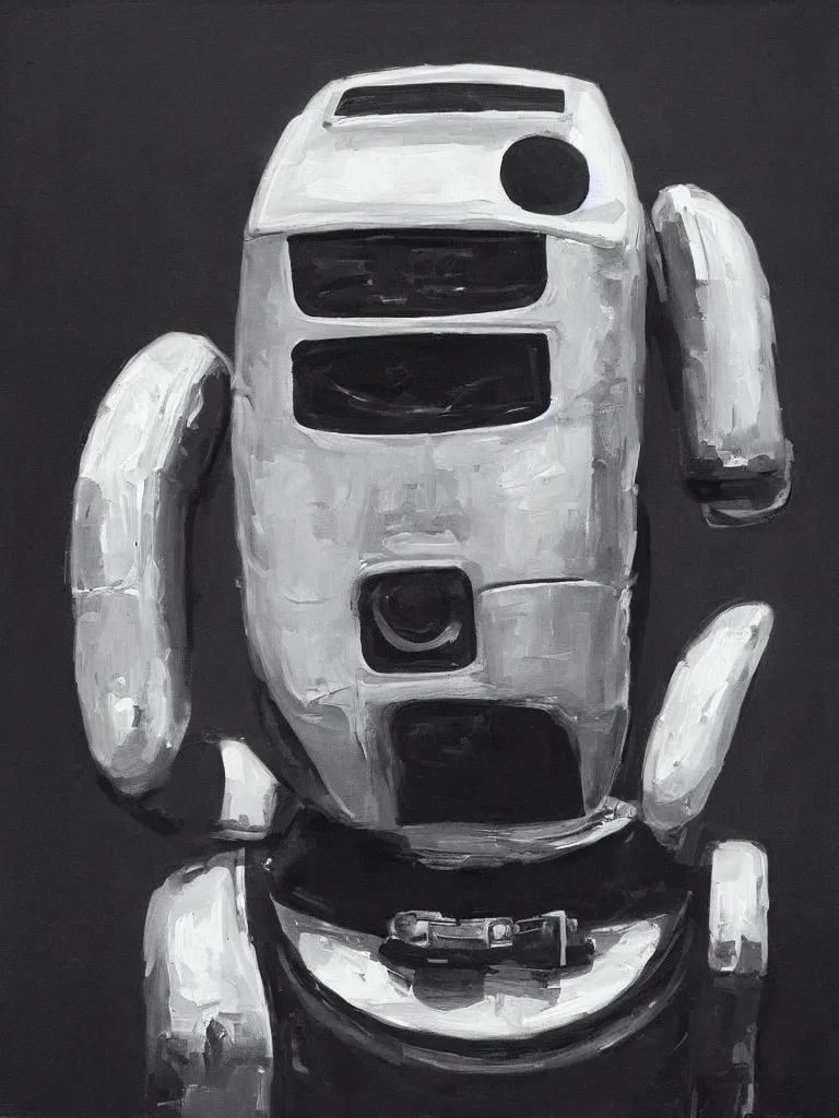 Image similar to “A perfectly centered beautiful black and white portrait oil painting of a retro-futuristic robot in Los Angeles”