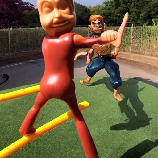 Image similar to action photo, toy called Stretch Armstrong, life size, fighting a dwarf Indian man, golden hour, award winning, wide angle