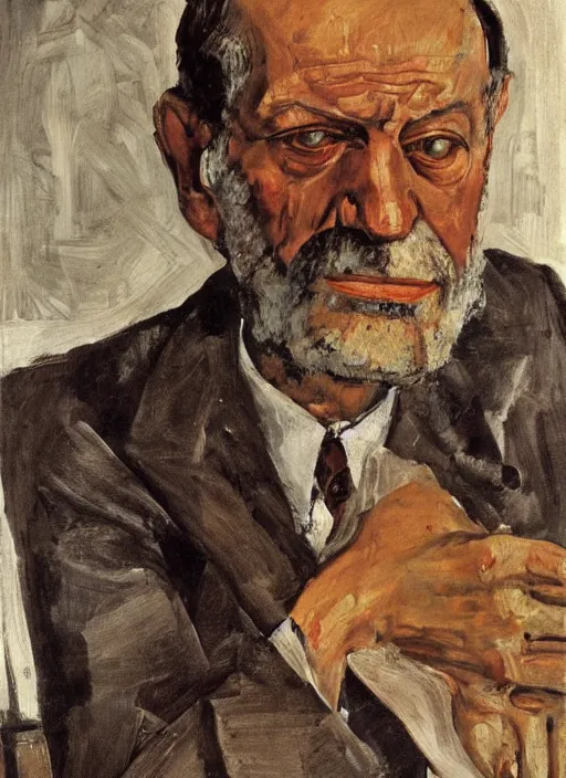 Image similar to portrait in oil of sigmund freud, by lucian freud