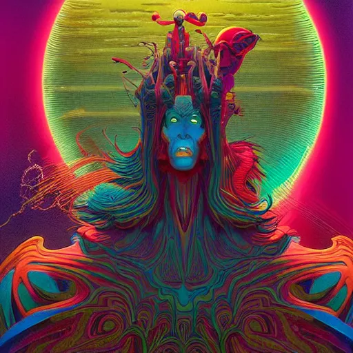 Image similar to colourful breathtakingly weird beautiful powerful magical wonderfully majestic beautifully cool character by michael whelan and moebius and beeple and kilian eng and dan mcpharlin and pascal blanche and jamie hewlett and richard dadd, symmetrical, magical stormy reflections, smoke on water, 8 k artstation