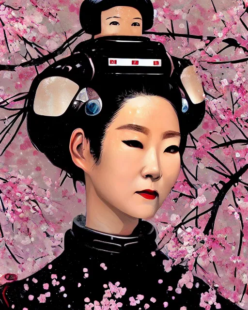 Image similar to an epic fantastic realism comic book style portrait painting of a japanese robotic geisha, cherry blossom rain everywhere, apex legends,