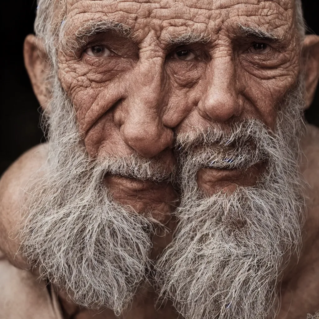 Image similar to an ancient man, extreme wrinkles, time weighs heavily, old beyond his years