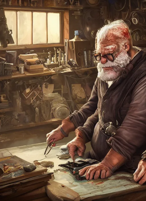 Prompt: An epic fantasy comic book style portrait painting of a an old tinker fat man working on a device in his workshop in the style of the wheel of time, unreal 5, DAZ, hyperrealistic, octane render, cosplay, RPG portrait, dynamic lighting