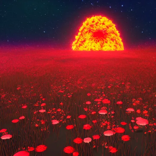 Image similar to a nuclear explosion made out of flowers, night, bioluminecent, vivid, powerful, matte painting, trending artstation, octane render, 8k,