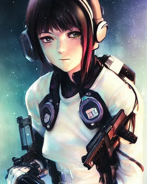 Image similar to anime key visual of a young female swat officer, neon, cyberpunk, futuristic, white top, black vest, stunning, highly detailed, digital painting, artstation, smooth, soft focus, illustration, art by artgerm and greg rutkowski and alphonse mucha