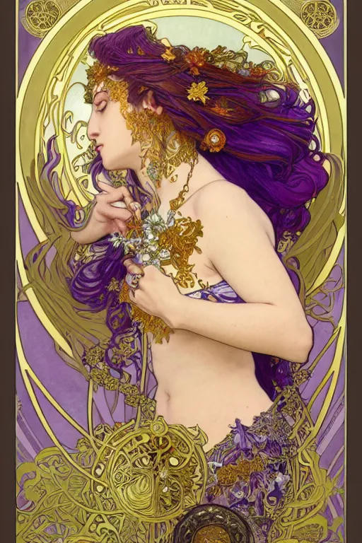 Image similar to thanatos, god of peaceful death, closed eyes, long hair, wearing ornate silk and lace clothes, gold jewelry, moon, purple feathers, by Alphonse Mucha, by artgerm, rule of thirds, super detailed, 8k