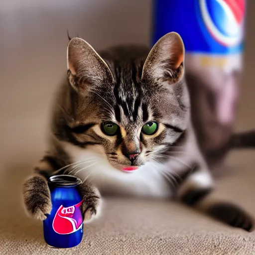 Image similar to a cat with shirt and pants and grabbing pepsi, 4k