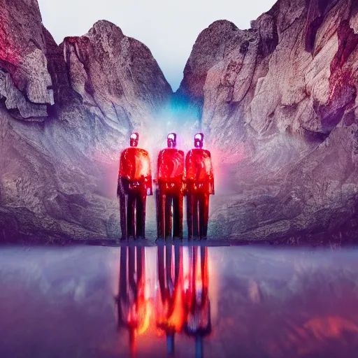 Image similar to unsplash contest winning photo, a giant crowd of realistic shiny reflective chrome men, inside a colorful dramatic unique rocky western landscape, low fog, giant neon light