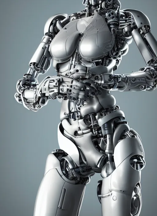 Image similar to photorealistic detailed full body picture of a female cyborg, humanoid, extreme, uhdr, book called the most influental cyborg in 2 0 5 0, fine details, highly detailed, intricate, smooth sharp focus