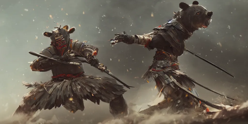 Image similar to an environmental concept art of samurai anthropomorohic black bear, samurai duel, sakura petals blowing in the wind, highly detailed, environmental light, epic, 8 k, artstation, deviantart, award winning, cinematic by francis tneh