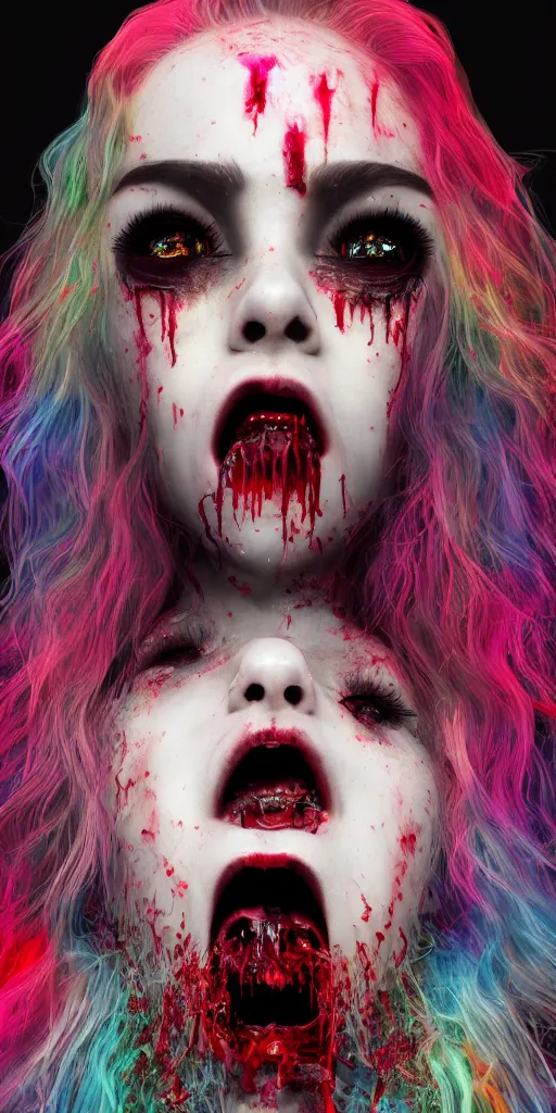 Image similar to impossibly beautiful vampire with large vampire fangs, intricate complexity, horror, psychedelic glitch art, rainbow drip paint, trending on art station, photoreal, 8k, octane render