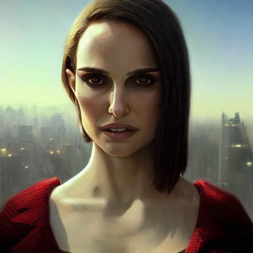 Image similar to closeup portrait of natalie portman, blunt bob, hitman, city background, dramatic light, gorgeous view, depth, high detail, digital art, painted by greg rutkowski and seb mckinnon, by tim burton, trending on artstation