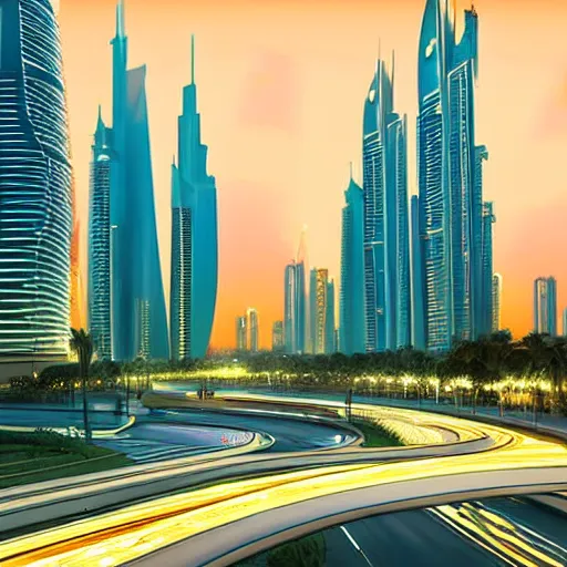 Prompt: most advanced Dubai city dramatic lighting detailed straight lines and elegant curves beautiful sunset road network vegetation water lights birds clouds proportional symmetrical minimalism photorealistic sky render octane architecture design planning oil painting Edward hooper
