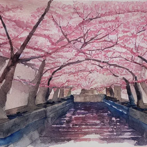 Image similar to a palace chamber filled with cherry blossom trees, watercolour