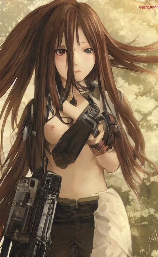 Prompt: girl, trading card front art, anime style, soldier clothing, long hair, hair down, symmetrical facial features, from girls frontline, hyper realistic, pale skin, 4 k, rule of thirds, extreme detail, detailed drawing, safebooru, fantasy, d & d, realistic lighting, by alphonse mucha, greg rutkowski, sharp focus, backlit