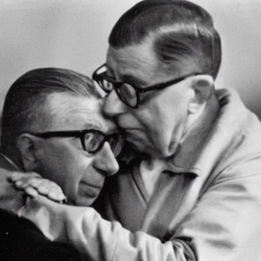 Image similar to sartre hugging a sad alien