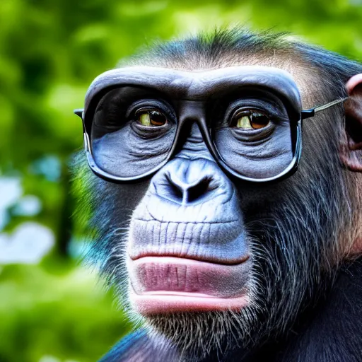 Prompt: high quality 8 k landscape photo of a smiling happy and wise chimpanzee wearing cool dark sunglasses looking up, ultra wide lens picture, detailed picture, cinematic composition, cinematic lighting, by guillermo del toro