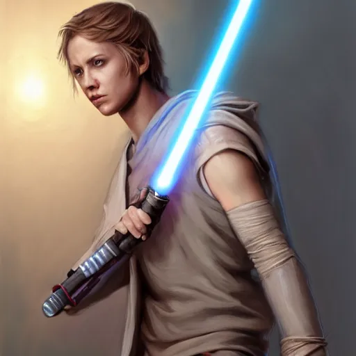 Image similar to full body Over-the-Shoulder Shot of a young blonde male jedi with short hair holding a lightsaber concept art by Doug Chiang cinematic concept art, realistic painting, high definition, digital art, matte painting, symmetrical, very detailed, realistic, dramatic lighting, cinematic, establishing shot, extremely high detail, photo realistic, cinematic lighting, post processed, concept art, artstation, matte painting, red color scheme, the Mandalorian concept art style