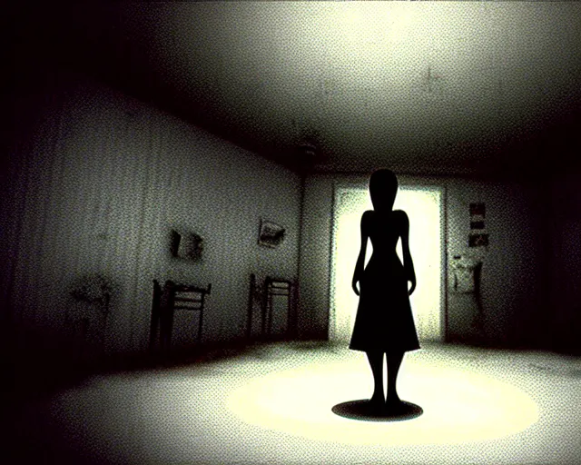 Image similar to creepy mangled woman wearing white dress standing in the backrooms, playable trailer, psychological horror, the eerie forlorn atmosphere of a place that's usually bustling with people but is now abandoned and quiet, buzzing fluorescent lights above the ceiling, unsettling images, liminal space, dark, created by hideo kojima