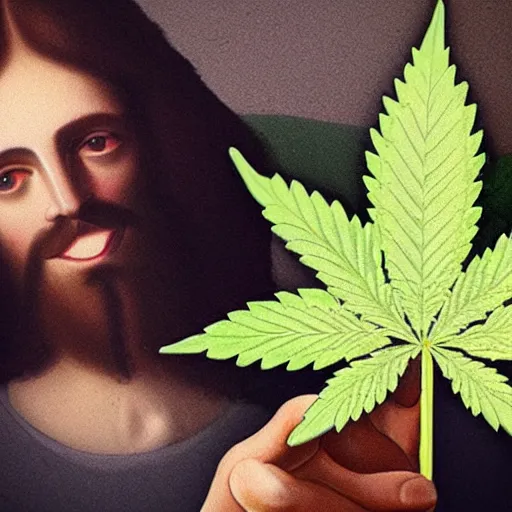 Image similar to Jesus holding a cannabis leaf