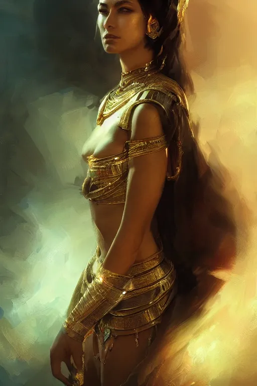 Image similar to egyptian princess, gorgeous, portrait, powerfull, intricate, elegant, volumetric lighting, digital painting, highly detailed, artstation, sharp focus, illustration, ruan jia